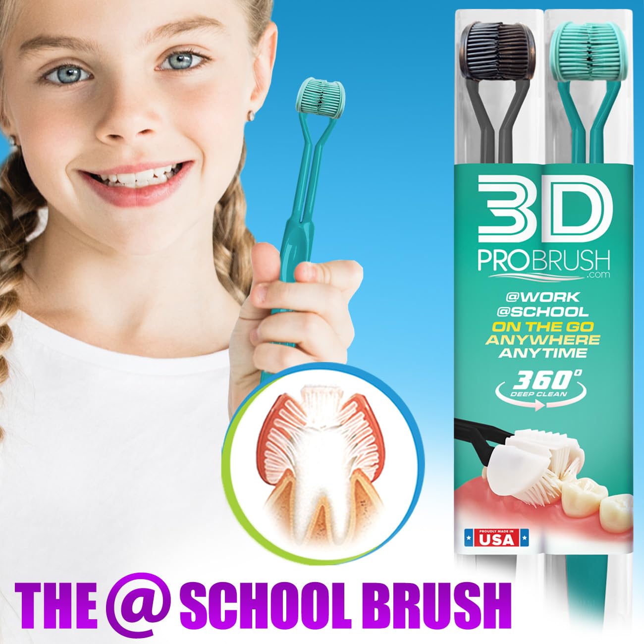 3D Pro Brush | 3-Sided Toothbrush | 3X Clean Two-Pack | 360 Gum Massage Triple Deep Clean Ultra Soft Replacement Heads Tongue Scraper Sustainable Sensory Gift Oral Health Care Travel Three Made in USA