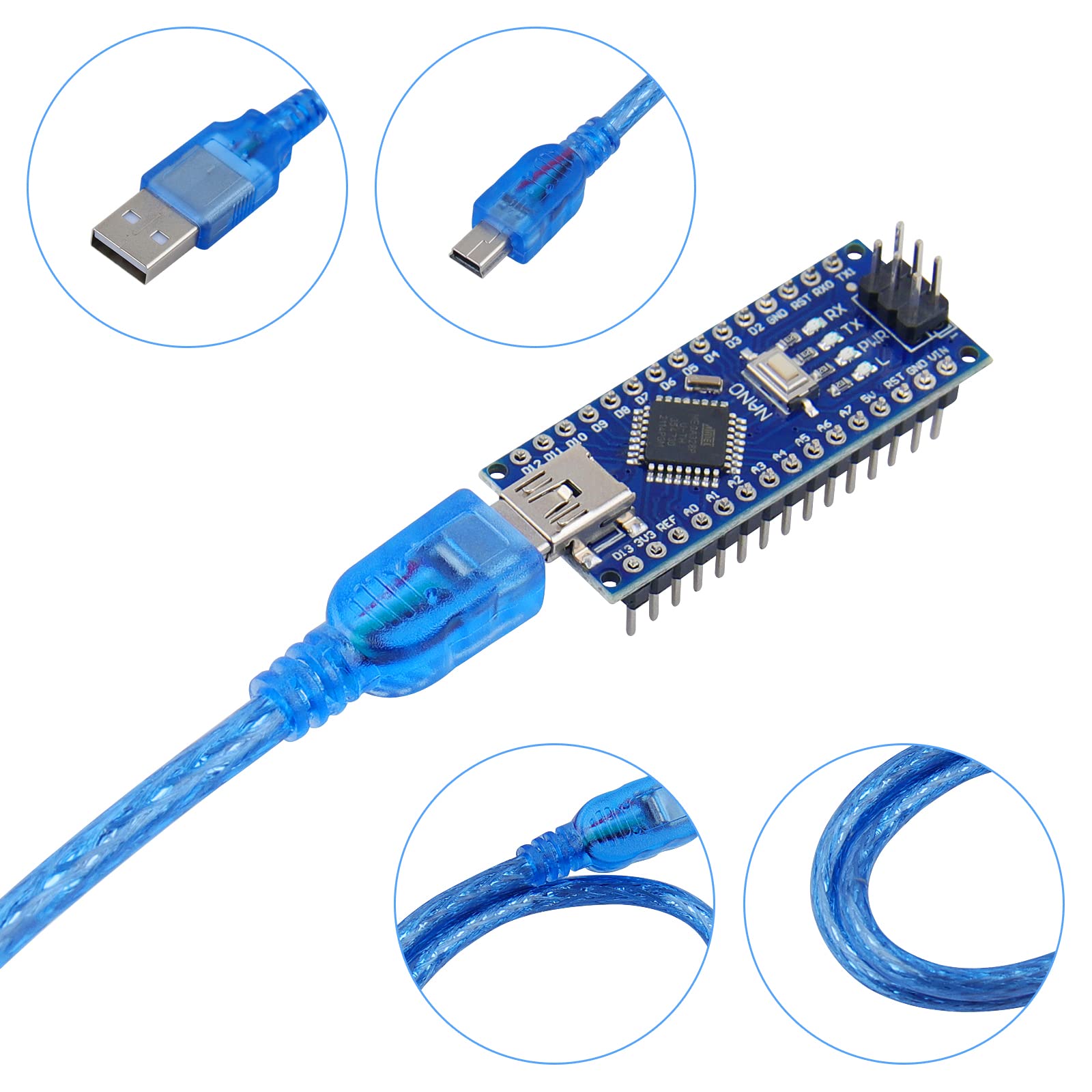 2 Pcs Mini Nano V3.0 ATmega328P Microcontroller Board w/USB Cable for Arduino