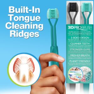 3D Pro Brush | 3-Sided Toothbrush | 3X Clean Two-Pack | 360 Gum Massage Triple Deep Clean Ultra Soft Replacement Heads Tongue Scraper Sustainable Sensory Gift Oral Health Care Travel Three Made in USA