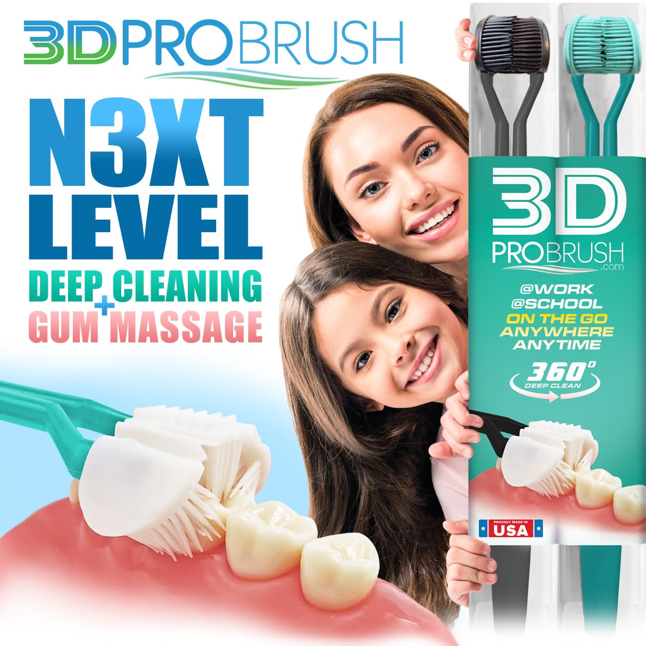 3D Pro Brush | 3-Sided Toothbrush | 3X Clean Two-Pack | 360 Gum Massage Triple Deep Clean Ultra Soft Replacement Heads Tongue Scraper Sustainable Sensory Gift Oral Health Care Travel Three Made in USA