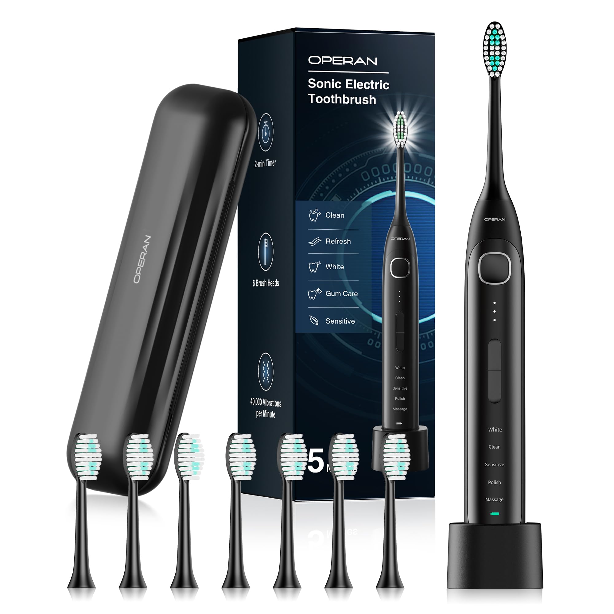 Operan Electric Toothbrush for Adults and Kids Sonic Rechargeable Toothbrush with 5 Modes 2-Min Smart Timer IPX7 Waterproof 40,000 VPM Motor with 8 Brush Heads & Travel Case (Deep Black)