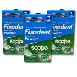 Fixodent Extra Hold Powder Plus Scope Denture Adhesive Strong 1.6oz Pack of 3 (3 Items), 818-0556