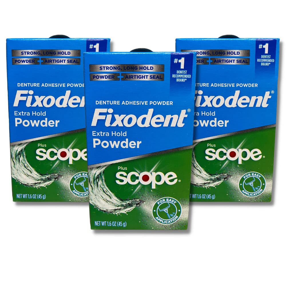 Fixodent Extra Hold Powder Plus Scope Denture Adhesive Strong 1.6oz Pack of 3 (3 Items), 818-0556