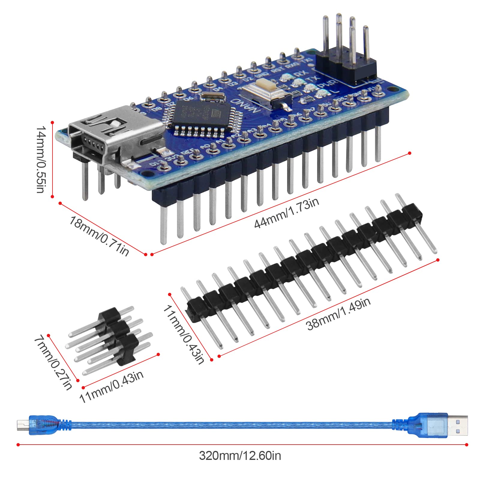 2 Pcs Mini Nano V3.0 ATmega328P Microcontroller Board w/USB Cable for Arduino