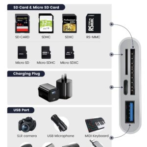 SD Card Reader for iPhone iPad, 4 in 1 Micro SD/SD Card Reader to iPhone Adapter, SD Card Viewer with TF/SD Dual Slot, Portable Camera Memory Card Reader for iPhone with Charging Port, Plug and Play