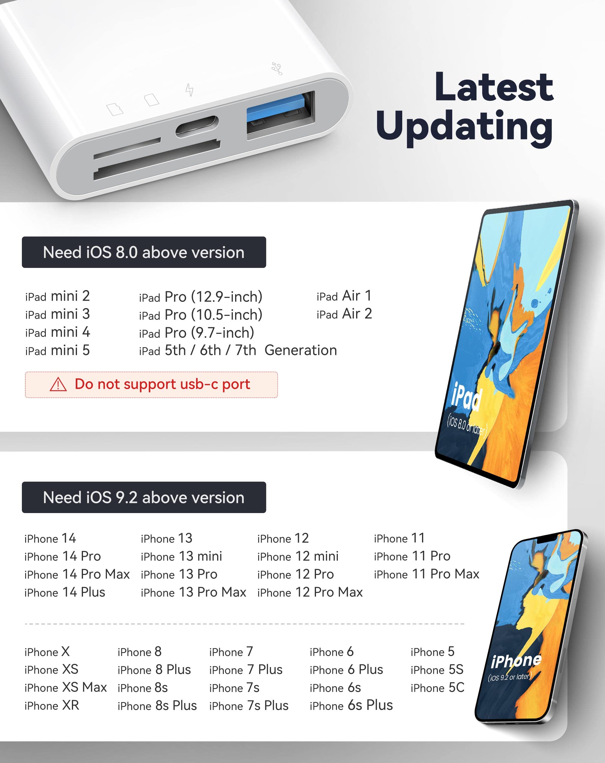 SD Card Reader for iPhone iPad, 4 in 1 Micro SD/SD Card Reader to iPhone Adapter, SD Card Viewer with TF/SD Dual Slot, Portable Camera Memory Card Reader for iPhone with Charging Port, Plug and Play