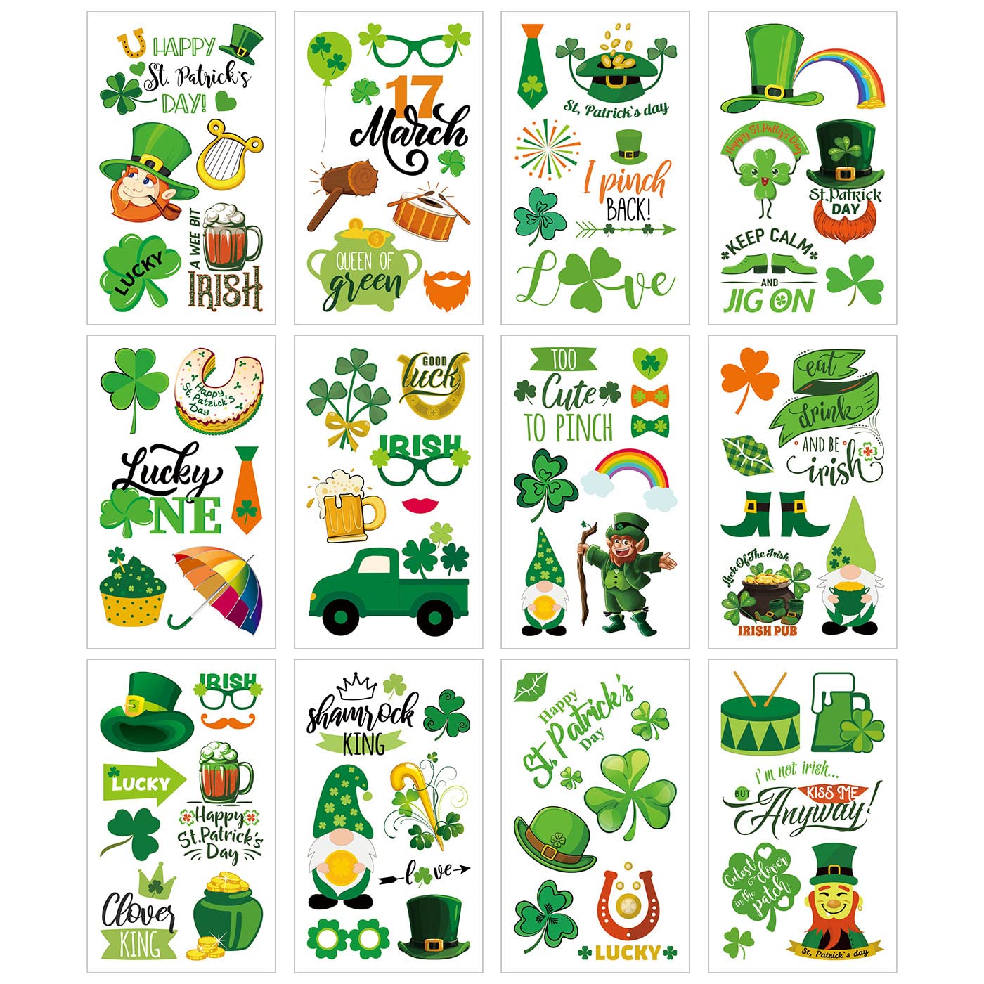 80Pcs St Patricks Day Tattoos Decorations Accessories, 12 Sheets Shamrock Temporary Tattoo Stickers for Kids Women, Irish St. Patrick's Day Parade and Favors Party Decorations