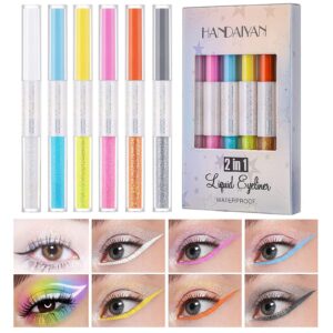 bestland 2 in 1 matte glitter liquid eyeliner set rainbow colorful neon eyeliner pencil pigmented waterproof smudgeproof long lasting korean eye glitter christmas makeup gift kit for women (2 in 1 set a)