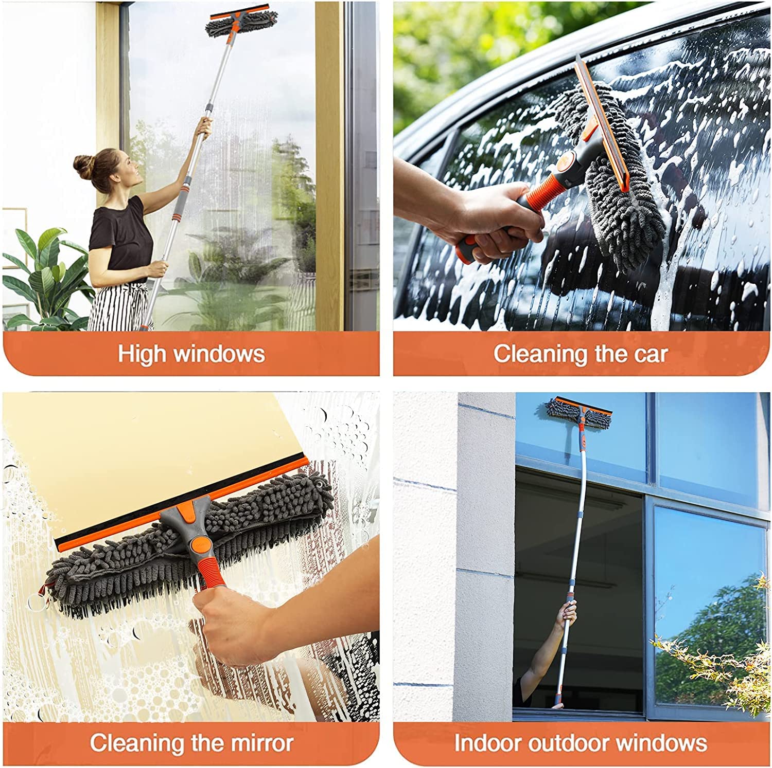 eazer Squeegee Window Cleaner 2 in 1 Rotatable Window Cleaning Tool Kit with Extension Pole, 62'' Telescopic Window Washing Equipment with Bendable and Adjustable Head for Indoor/Outdoor Car Glass