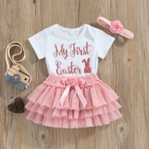 Newborn Infant Baby Girl Easter Outfit My 1st Easter Short Sleeve Romper Bodysuit and Tulle Tutu Skirt 0-18M (Pink, 3-6 Months)