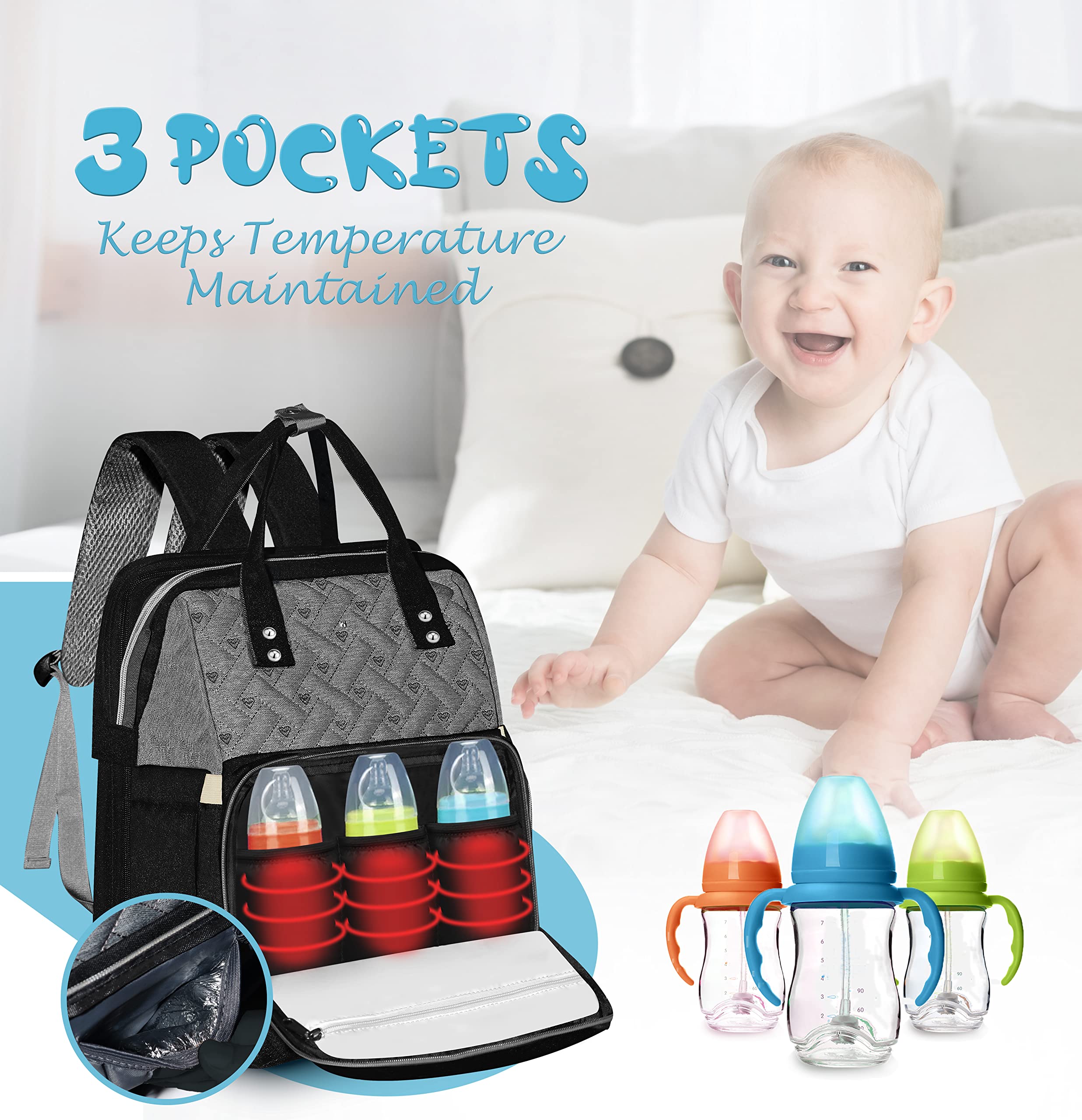 Diaper Bag Backpack, Multifunction Large Travel Backpack with Changing Pad for Moms Dads, Waterproof Diaper Bag, Baby Bag For Boys Girls With USB Charger Pacifier Case, Perfect Baby Gift Bag For Mom