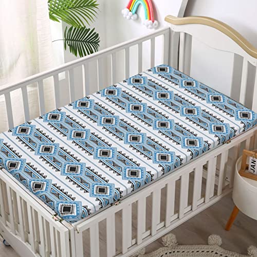 Tribal Themed Fitted Mini Crib Sheets,Portable Mini Crib Sheets Ultra Soft Material-Crib Mattress Sheet or Toddler Bed Sheet,24“ x38“,Sea Blue Charcoal Grey White