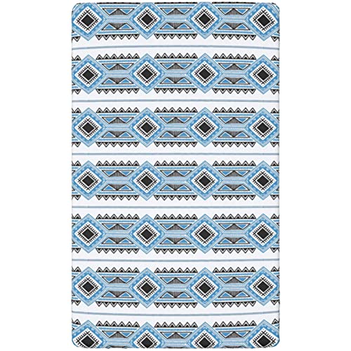 Tribal Themed Fitted Mini Crib Sheets,Portable Mini Crib Sheets Ultra Soft Material-Crib Mattress Sheet or Toddler Bed Sheet,24“ x38“,Sea Blue Charcoal Grey White