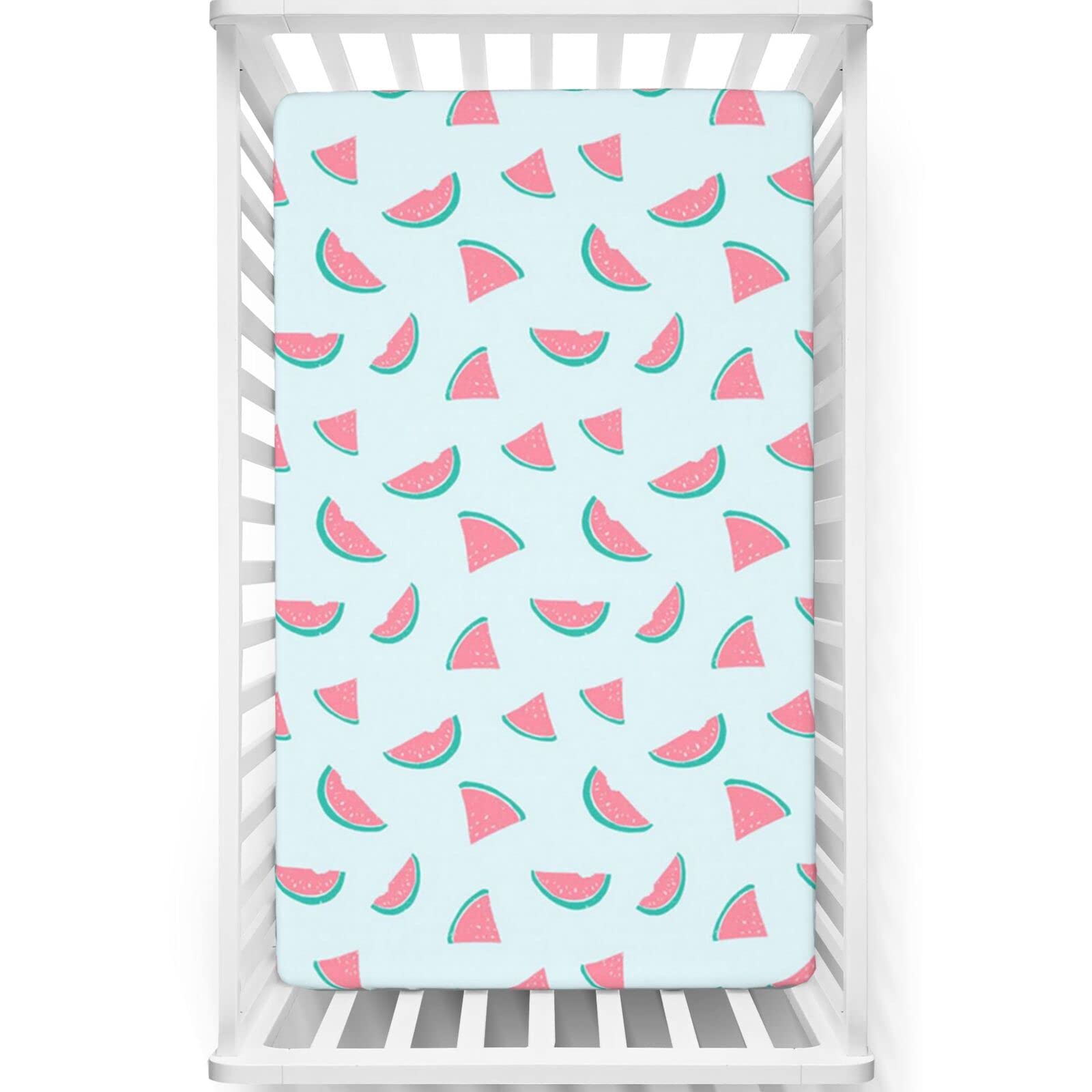 Watermelon Themed Fitted Crib Sheet,Standard Crib Mattress Fitted Sheet Soft & Stretchy Fitted Crib Sheet-Baby Sheet for Boys Girls,28“ x52“,Pastel Pink Dark Seafoam Pale Blue