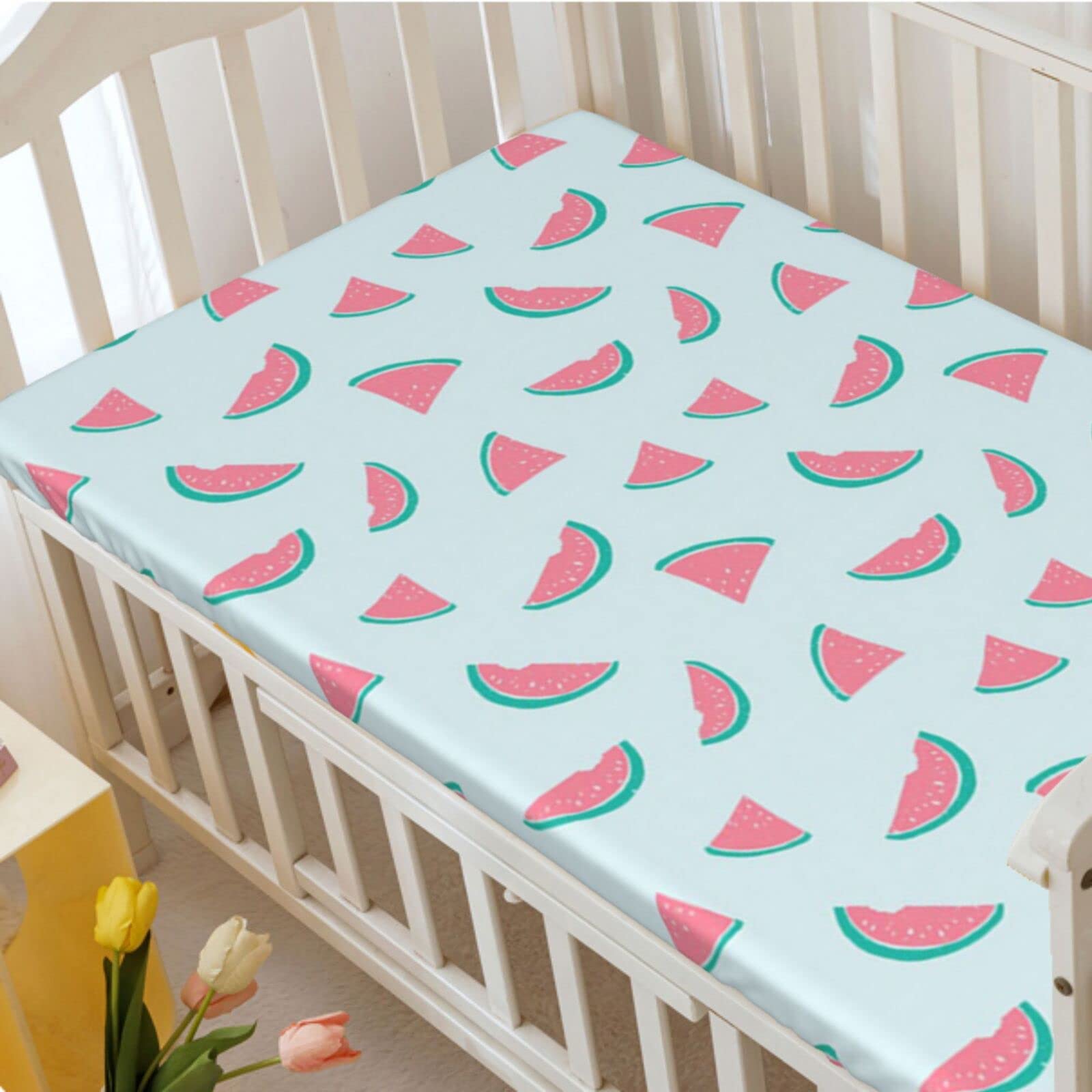 Watermelon Themed Fitted Crib Sheet,Standard Crib Mattress Fitted Sheet Soft & Stretchy Fitted Crib Sheet-Baby Sheet for Boys Girls,28“ x52“,Pastel Pink Dark Seafoam Pale Blue