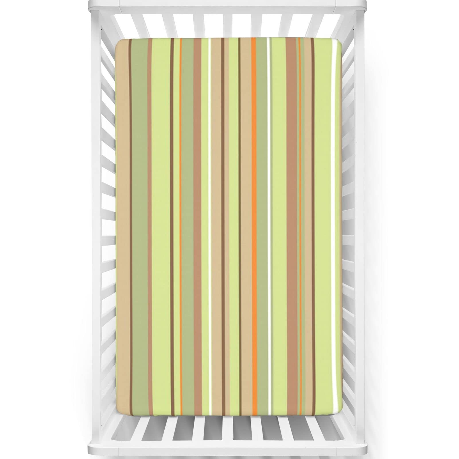 Striped Themed Fitted Mini Crib Sheets,Portable Mini Crib Sheets Soft and Breathable Bed Sheets-Baby Crib Sheets for Girl or Boy,24“ x38“,Pistachio Green Tan Orange