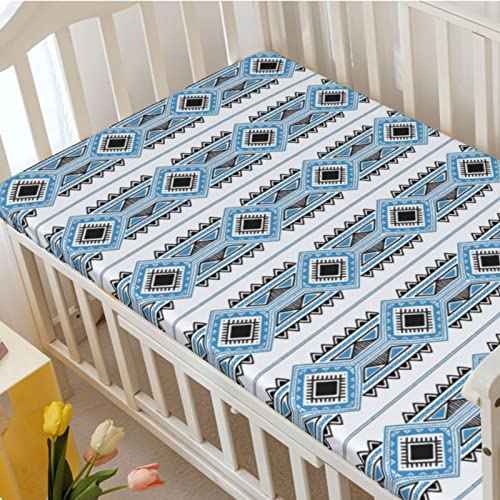 Tribal Themed Fitted Mini Crib Sheets,Portable Mini Crib Sheets Ultra Soft Material-Crib Mattress Sheet or Toddler Bed Sheet,24“ x38“,Sea Blue Charcoal Grey White