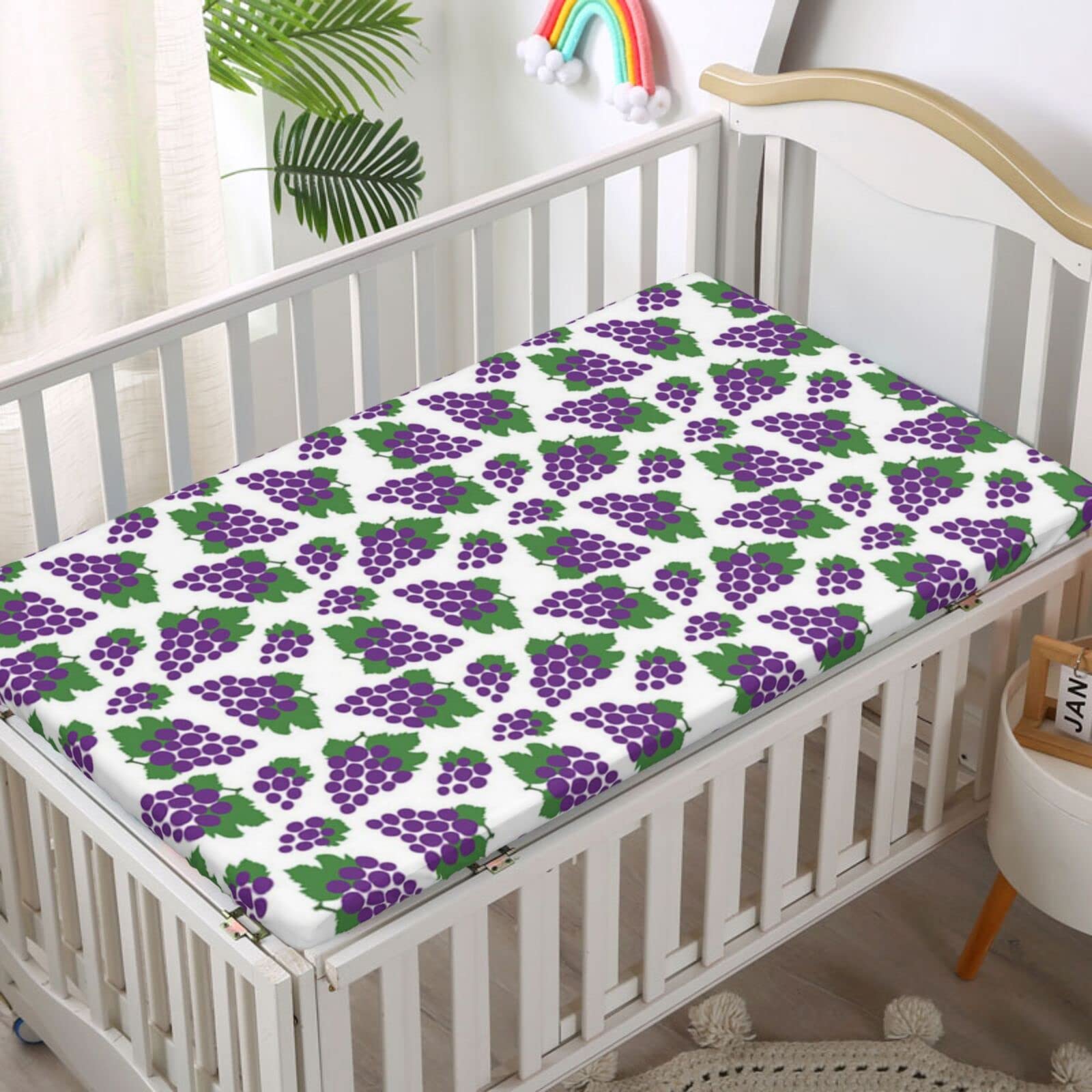 Violet Themed Fitted Crib Sheet,Standard Crib Mattress Fitted Sheet Soft Toddler Mattress Sheet Fitted-Great for Boy or Girl Room or Nursery,28“ x52“,White Purple Fern Green