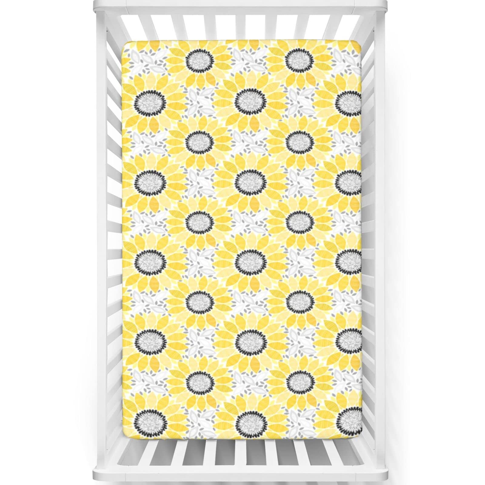 Sunflower Themed Fitted Mini Crib Sheets,Portable Mini Crib Sheets Soft Toddler Mattress Sheet Fitted-Baby Crib Sheets for Girl or Boy,24“ x38“,Yellow Black Grey