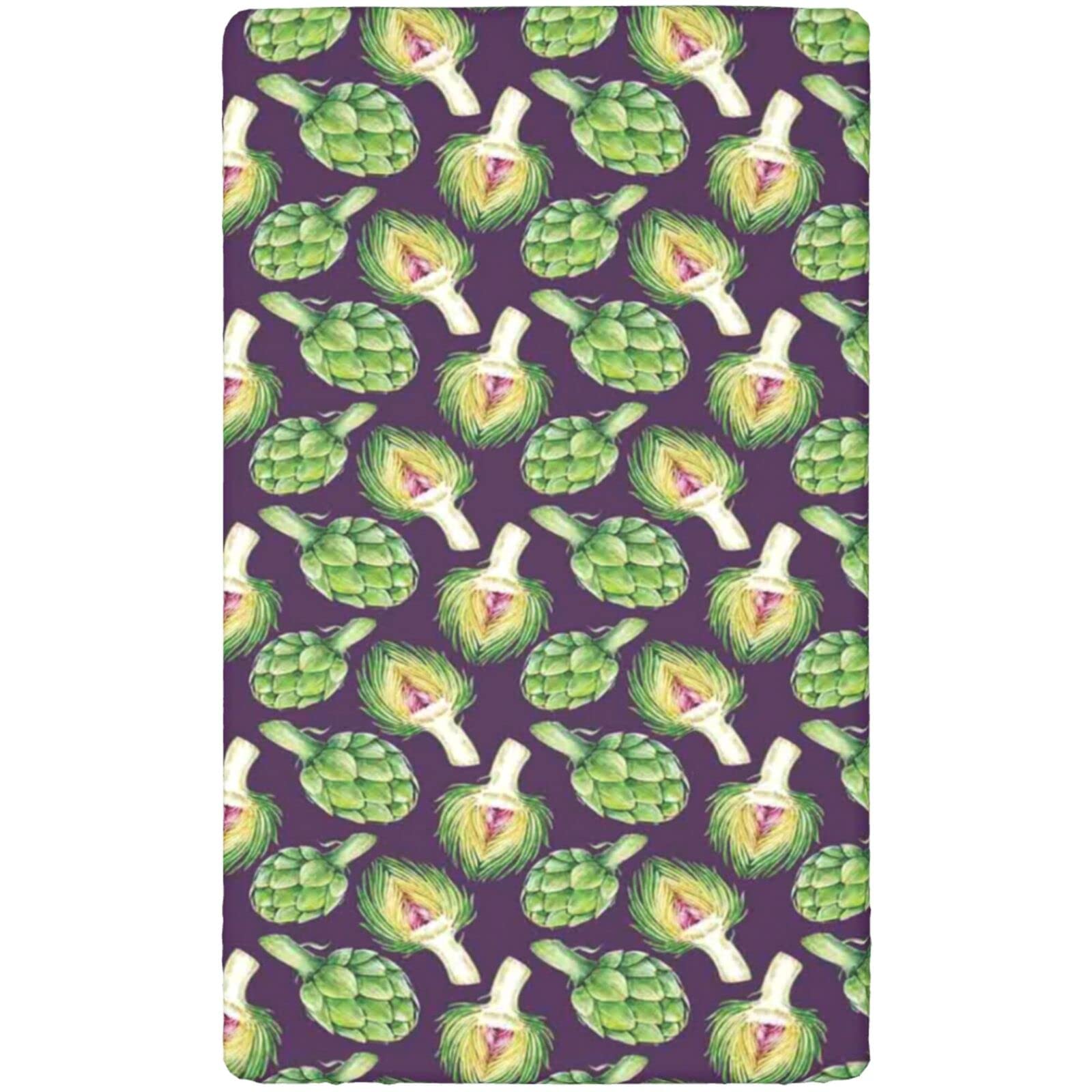 Vegetable Art Themed Fitted Mini Crib Sheets,Portable Mini Crib Sheets Soft Toddler Mattress Sheet Fitted-Baby Sheet for Boys Girls,24“ x38“,Fern Green Plum