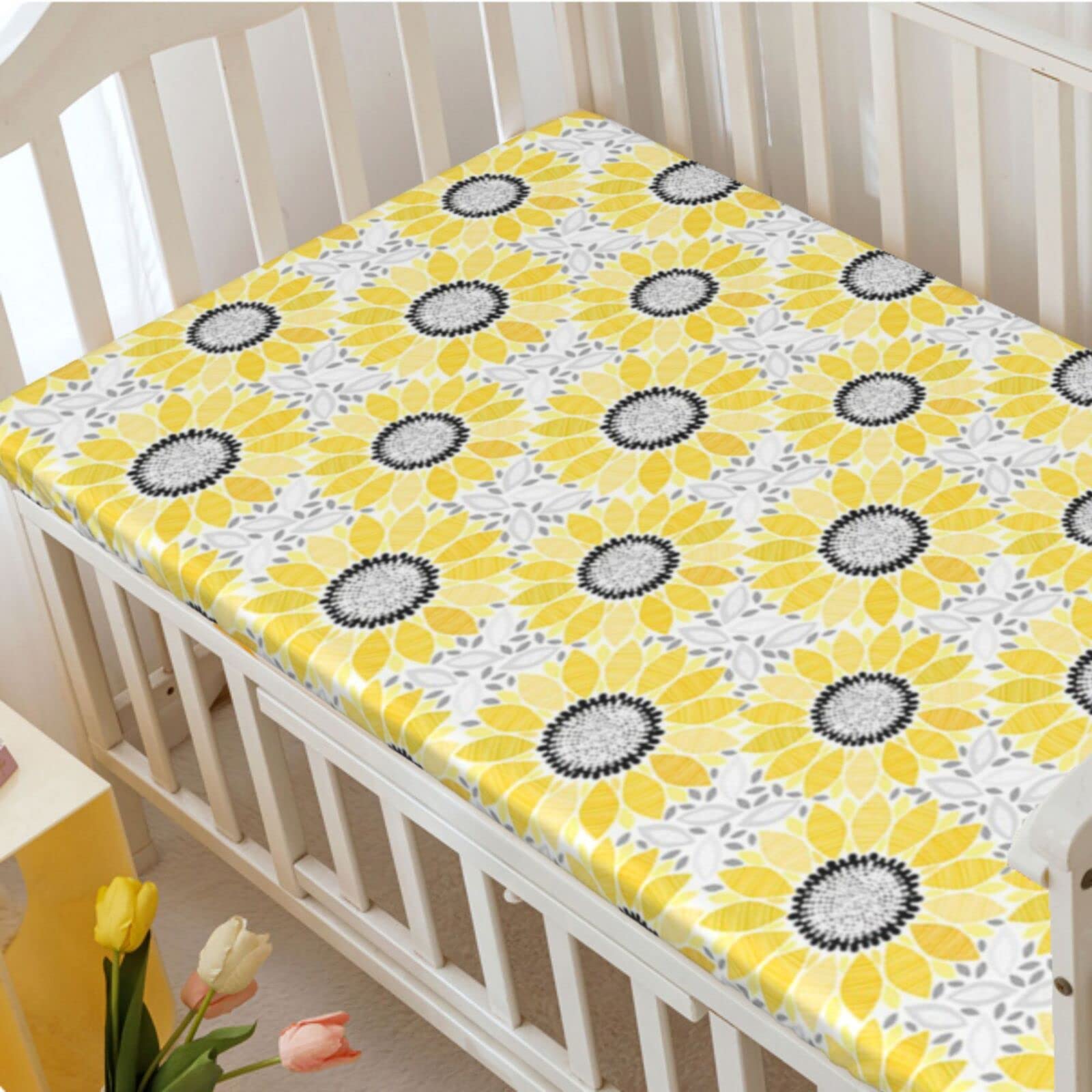 Sunflower Themed Fitted Mini Crib Sheets,Portable Mini Crib Sheets Soft Toddler Mattress Sheet Fitted-Baby Crib Sheets for Girl or Boy,24“ x38“,Yellow Black Grey