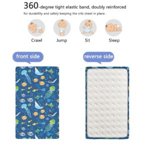 Under The Sea Themed Fitted Mini Crib Sheets,Portable Mini Crib Sheets Soft and Breathable Bed Sheets-Baby Crib Sheets for Girl or Boy,24“ x38“,Dark Sky Blue and Multicolor