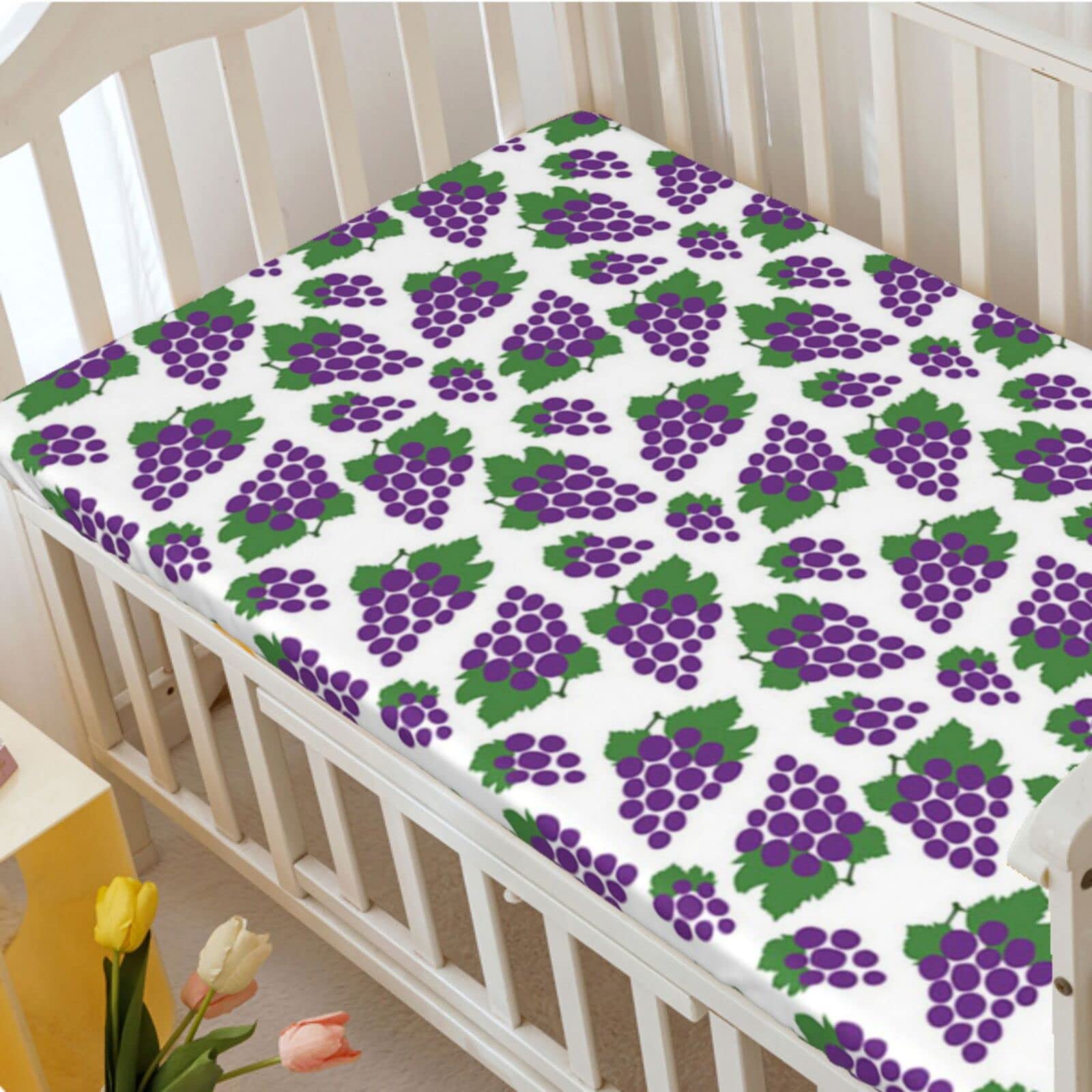 Violet Themed Fitted Crib Sheet,Standard Crib Mattress Fitted Sheet Soft Toddler Mattress Sheet Fitted-Great for Boy or Girl Room or Nursery,28“ x52“,White Purple Fern Green