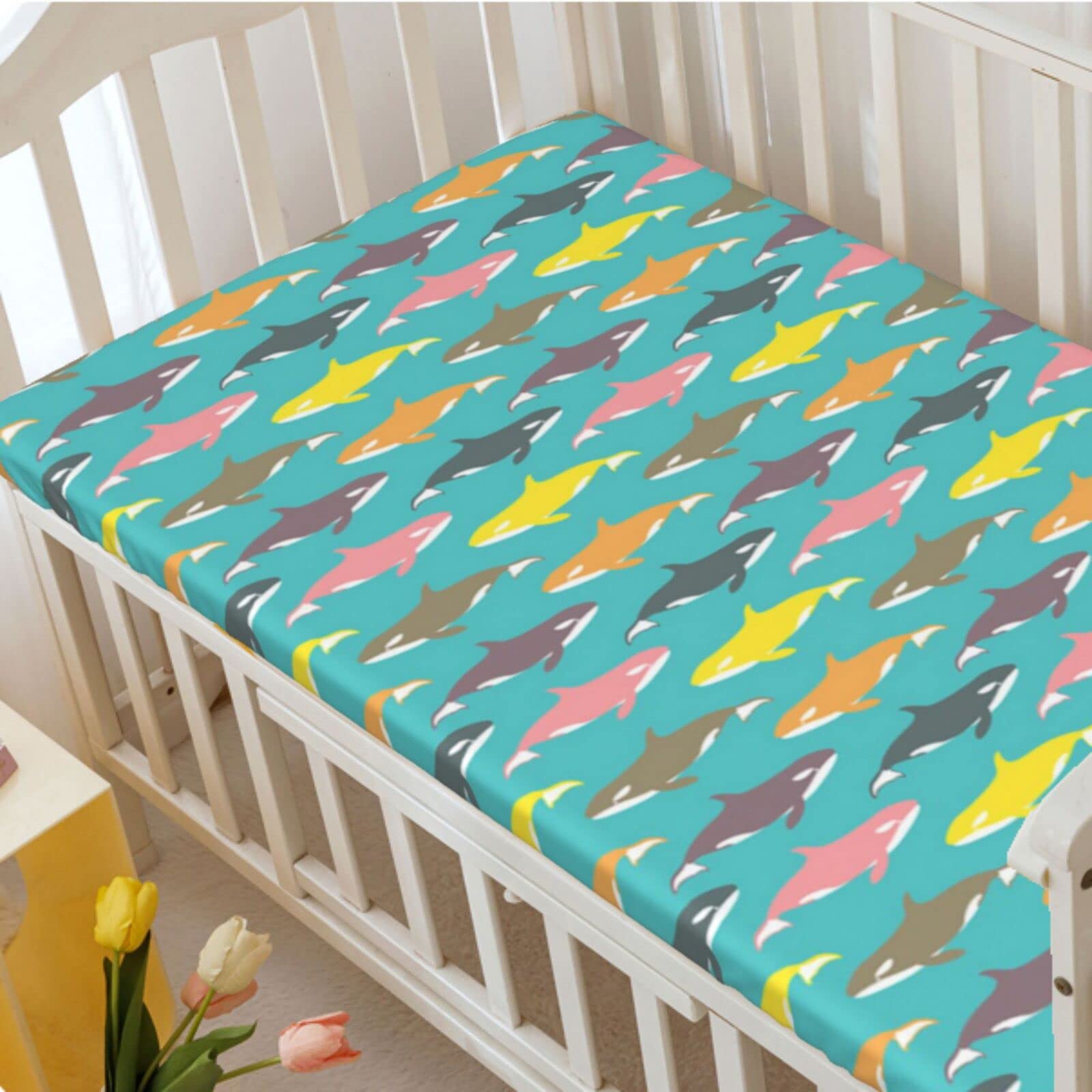 Whale Themed Fitted Crib Sheet,Standard Crib Mattress Fitted Sheet Toddler Bed Mattress Sheets-Crib Mattress Sheet or Toddler Bed Sheet,28“ x52“,Multicolor