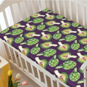 Vegetable Art Themed Fitted Mini Crib Sheets,Portable Mini Crib Sheets Soft Toddler Mattress Sheet Fitted-Baby Sheet for Boys Girls,24“ x38“,Fern Green Plum