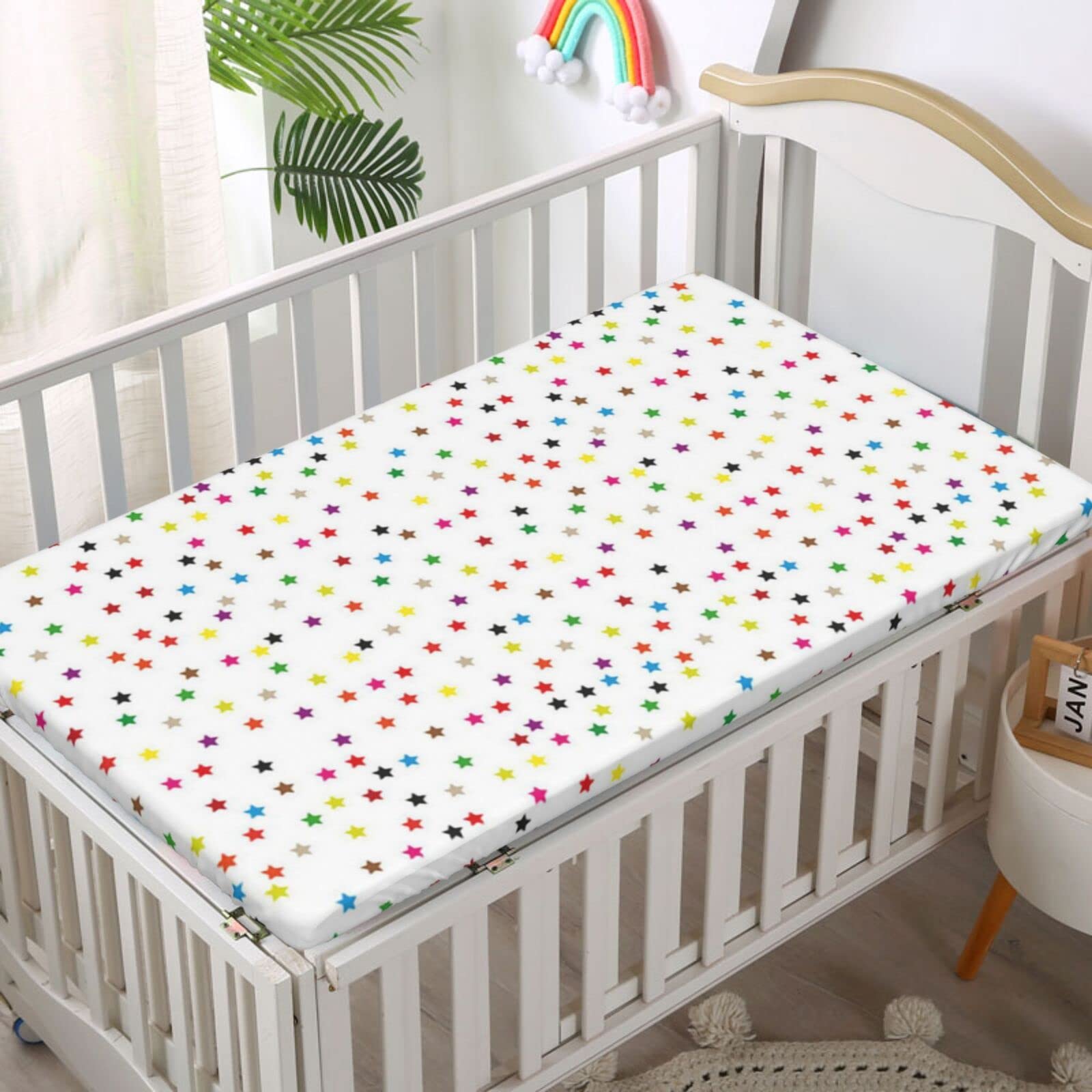 Stars Themed Fitted Mini Crib Sheets,Portable Mini Crib Sheets Soft and Breathable Bed Sheets-Baby Crib Sheets for Girl or Boy,24“ x38“,White Multicolor