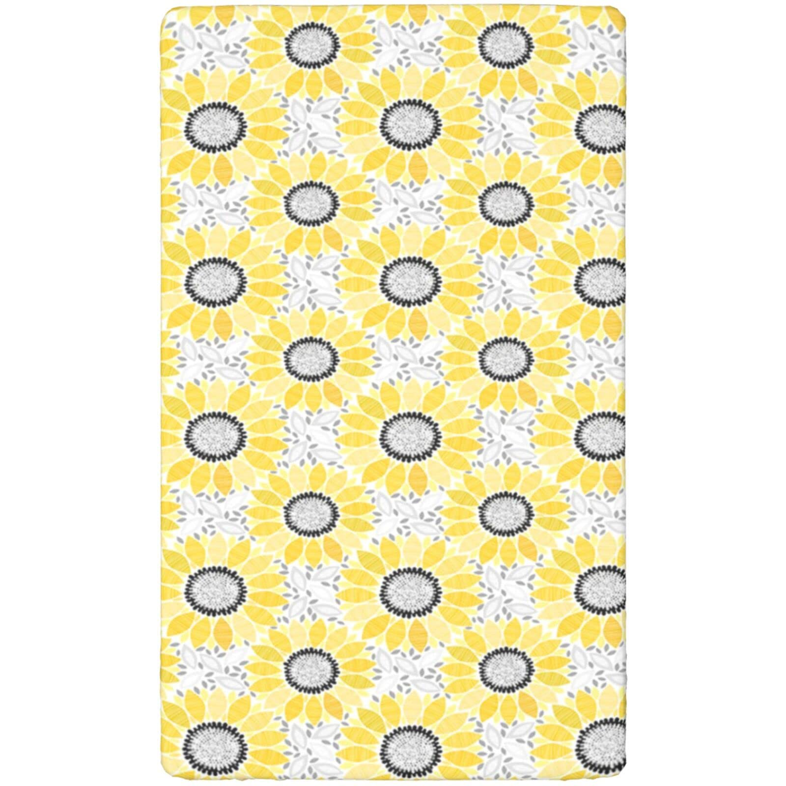 Sunflower Themed Fitted Mini Crib Sheets,Portable Mini Crib Sheets Soft Toddler Mattress Sheet Fitted-Baby Crib Sheets for Girl or Boy,24“ x38“,Yellow Black Grey