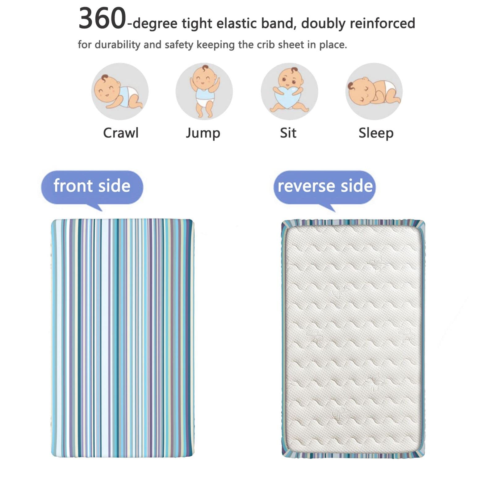 Striped Themed Fitted Mini Crib Sheets,Portable Mini Crib Sheets Soft Toddler Mattress Sheet Fitted-Crib Mattress Sheet or Toddler Bed Sheet,24“ x38“,Blue Lavender Cream