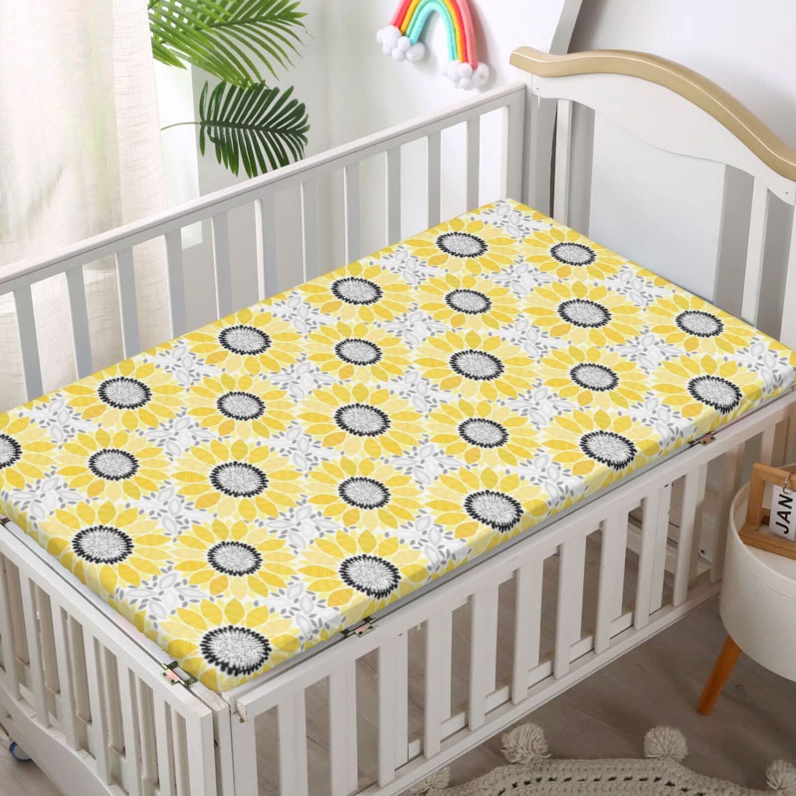 Sunflower Themed Fitted Mini Crib Sheets,Portable Mini Crib Sheets Soft Toddler Mattress Sheet Fitted-Baby Crib Sheets for Girl or Boy,24“ x38“,Yellow Black Grey