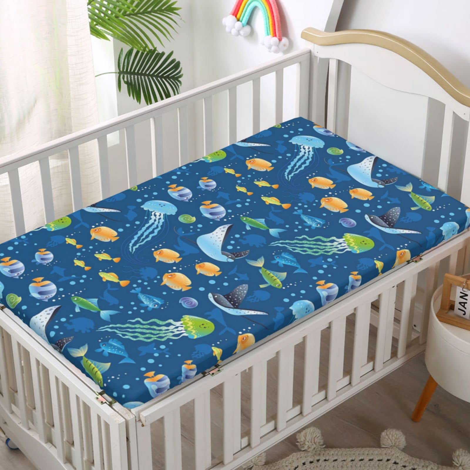 Under The Sea Themed Fitted Mini Crib Sheets,Portable Mini Crib Sheets Soft and Breathable Bed Sheets-Baby Crib Sheets for Girl or Boy,24“ x38“,Dark Sky Blue and Multicolor