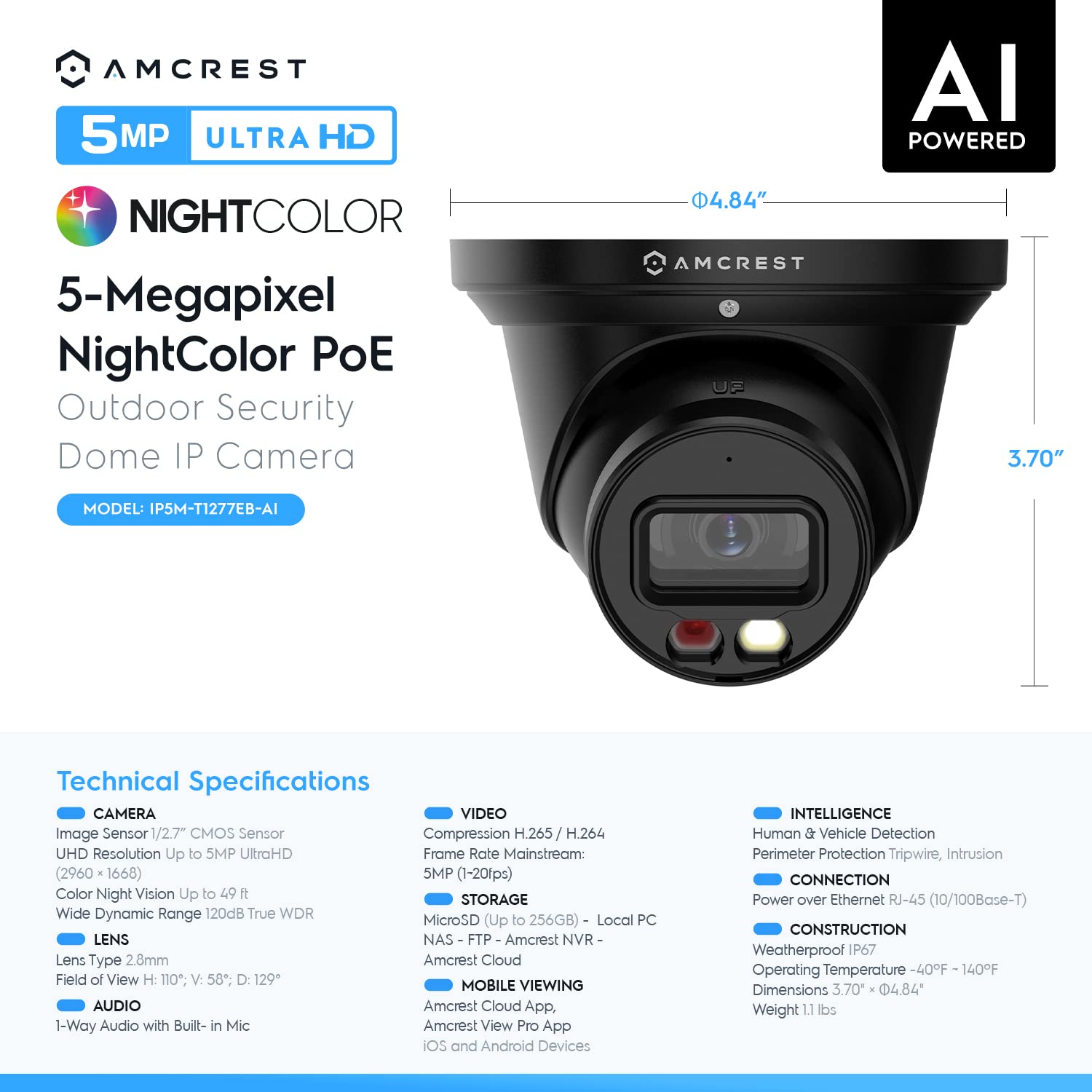 Amcrest 5MP AI Turret IP PoE Camera w/ 49ft Nightvision, Security IP Camera Outdoor, Built-in Microphone, Human & Vehicle Detection, Active Deterrent,129° FOV, 5MP@20fps IP5M-T1277EB-AI