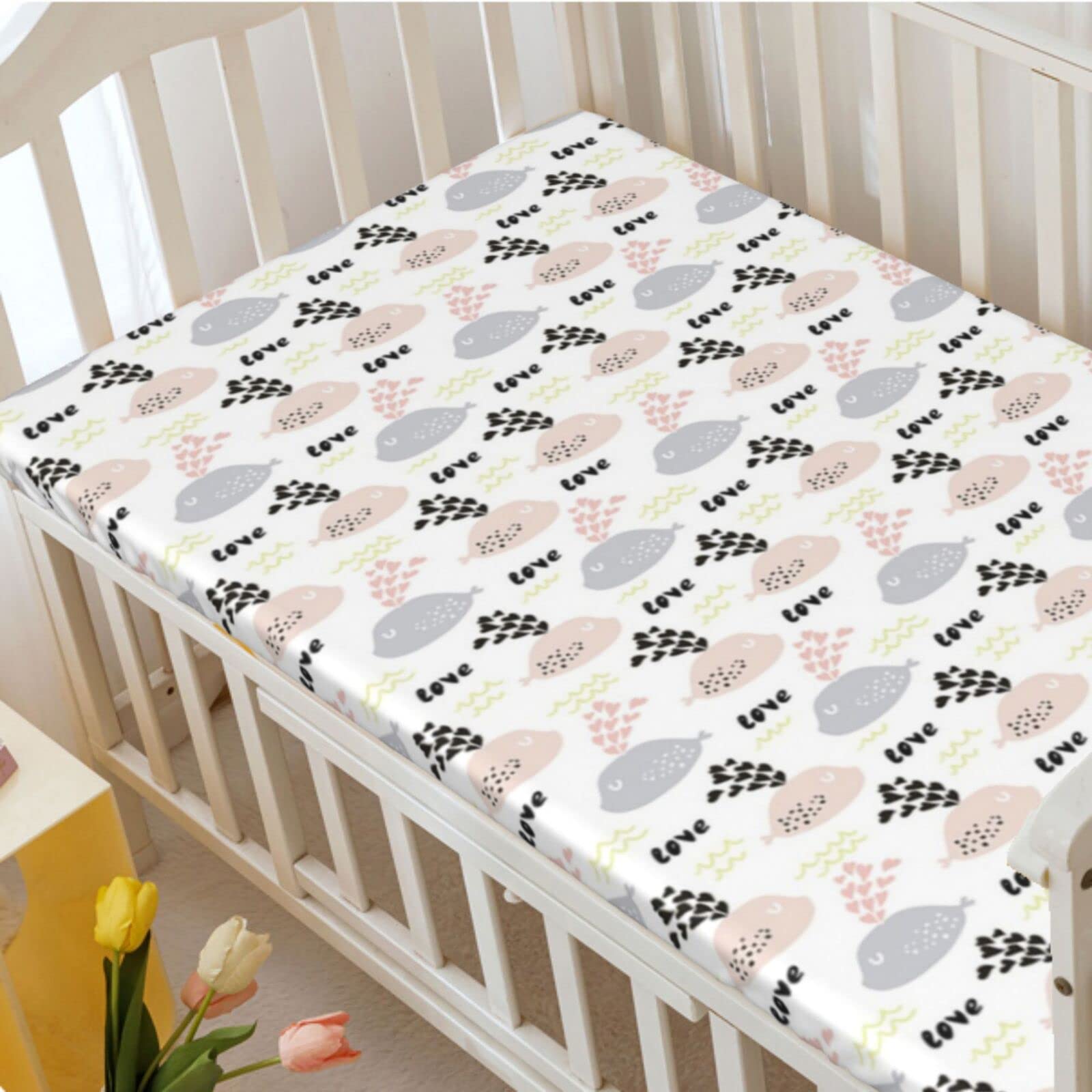 Whale Themed Fitted Mini Crib Sheets,Portable Mini Crib Sheets Ultra Soft Material-Crib Mattress Sheet or Toddler Bed Sheet,24“ x38“,Multicolor