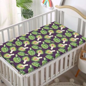 Vegetable Art Themed Fitted Mini Crib Sheets,Portable Mini Crib Sheets Soft Toddler Mattress Sheet Fitted-Baby Sheet for Boys Girls,24“ x38“,Fern Green Plum