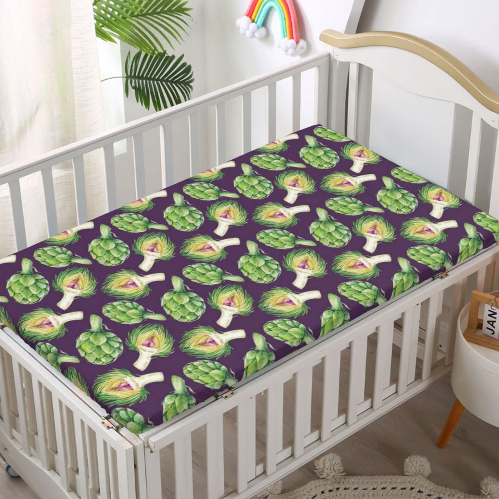 Vegetable Art Themed Fitted Mini Crib Sheets,Portable Mini Crib Sheets Soft Toddler Mattress Sheet Fitted-Baby Sheet for Boys Girls,24“ x38“,Fern Green Plum