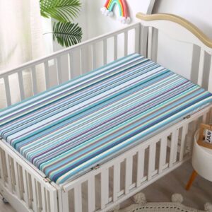 Striped Themed Fitted Mini Crib Sheets,Portable Mini Crib Sheets Soft Toddler Mattress Sheet Fitted-Crib Mattress Sheet or Toddler Bed Sheet,24“ x38“,Blue Lavender Cream