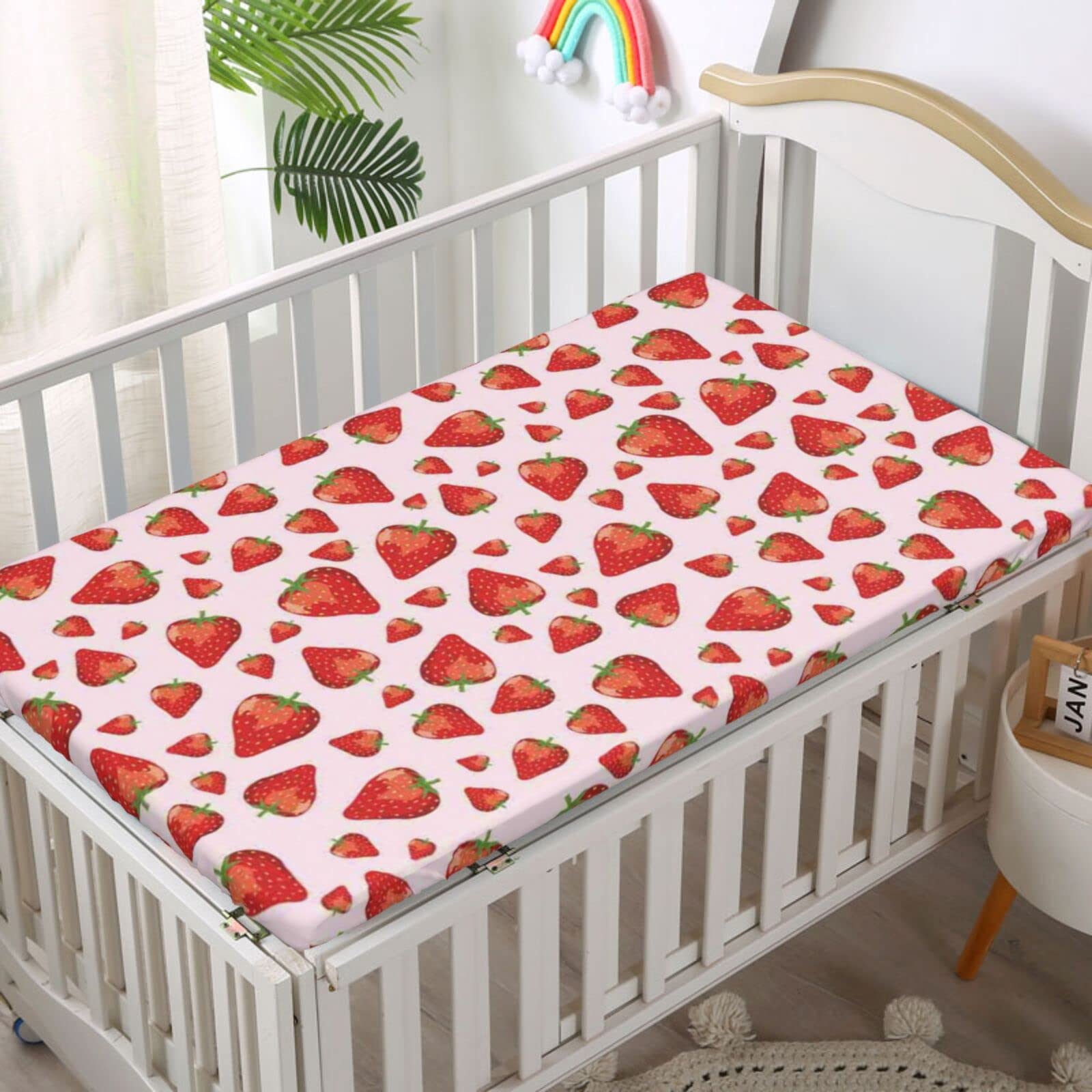 Strawberry Themed Fitted Crib Sheet,Standard Crib Mattress Fitted Sheet Polyester Toddler Bed Mattress Sheets-Crib Mattress Sheet or Toddler Bed Sheet,28“ x52“,Lime Green Vermilion Rose