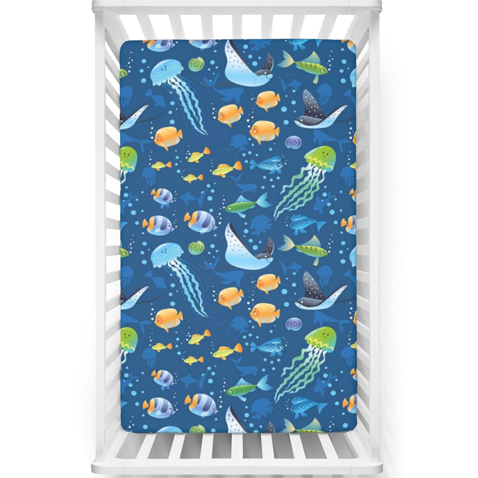 Under The Sea Themed Fitted Mini Crib Sheets,Portable Mini Crib Sheets Soft and Breathable Bed Sheets-Baby Crib Sheets for Girl or Boy,24“ x38“,Dark Sky Blue and Multicolor