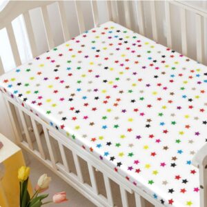 Stars Themed Fitted Mini Crib Sheets,Portable Mini Crib Sheets Soft and Breathable Bed Sheets-Baby Crib Sheets for Girl or Boy,24“ x38“,White Multicolor