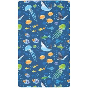 Under The Sea Themed Fitted Mini Crib Sheets,Portable Mini Crib Sheets Soft and Breathable Bed Sheets-Baby Crib Sheets for Girl or Boy,24“ x38“,Dark Sky Blue and Multicolor