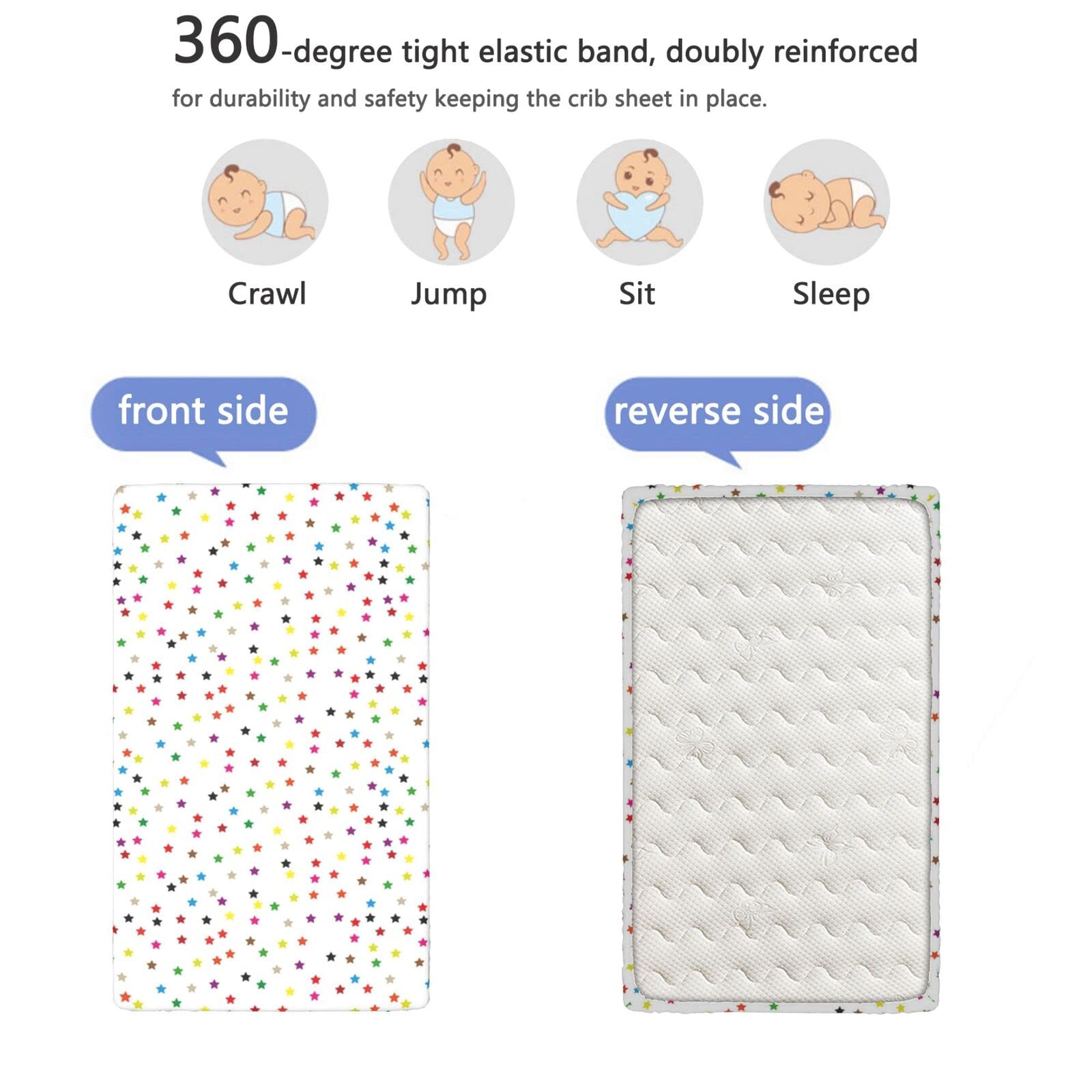 Stars Themed Fitted Mini Crib Sheets,Portable Mini Crib Sheets Soft and Breathable Bed Sheets-Baby Crib Sheets for Girl or Boy,24“ x38“,White Multicolor