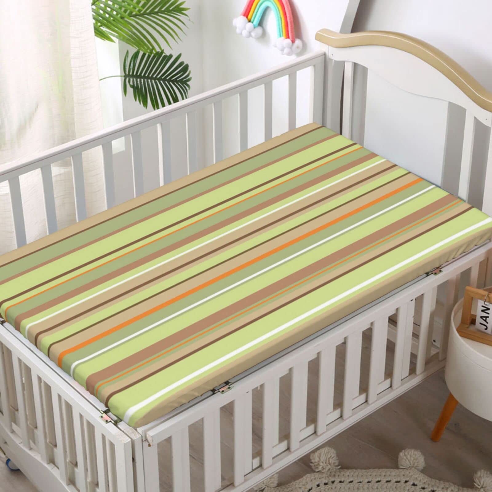 Striped Themed Fitted Mini Crib Sheets,Portable Mini Crib Sheets Soft and Breathable Bed Sheets-Baby Crib Sheets for Girl or Boy,24“ x38“,Pistachio Green Tan Orange