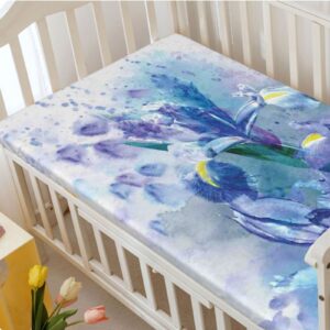 Watercolor Flower Themed Fitted Crib Sheet,Standard Crib Mattress Fitted Sheet Soft & Stretchy Fitted Crib Sheet-Great for Boy or Girl Room or Nursery,28“ x52“,Lilac Teal Ecru