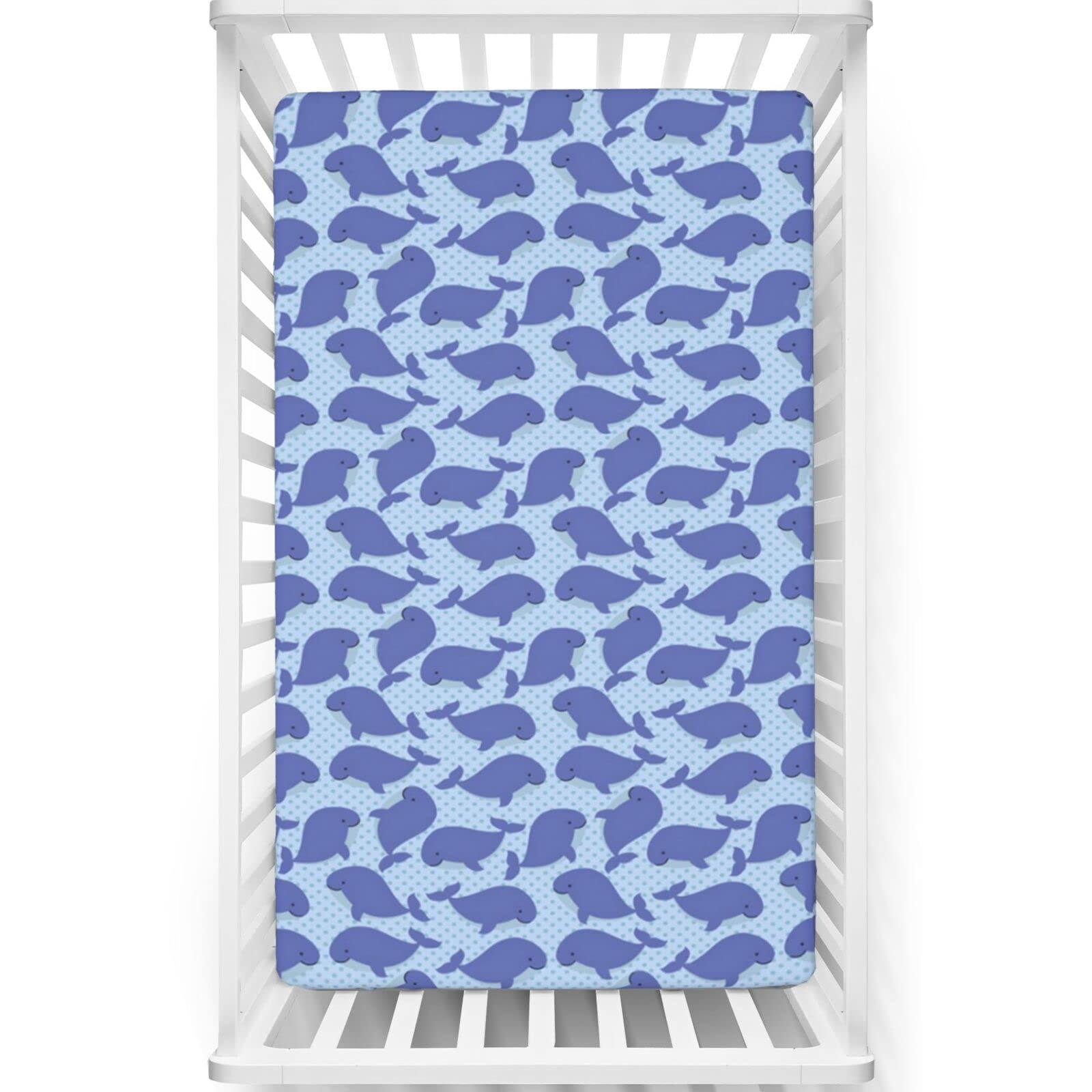 Whale Themed Fitted Mini Crib Sheets,Portable Mini Crib Sheets Soft Toddler Mattress Sheet Fitted-Baby Sheet for Boys Girls,24“ x38“,Violet Blue Pale Blue