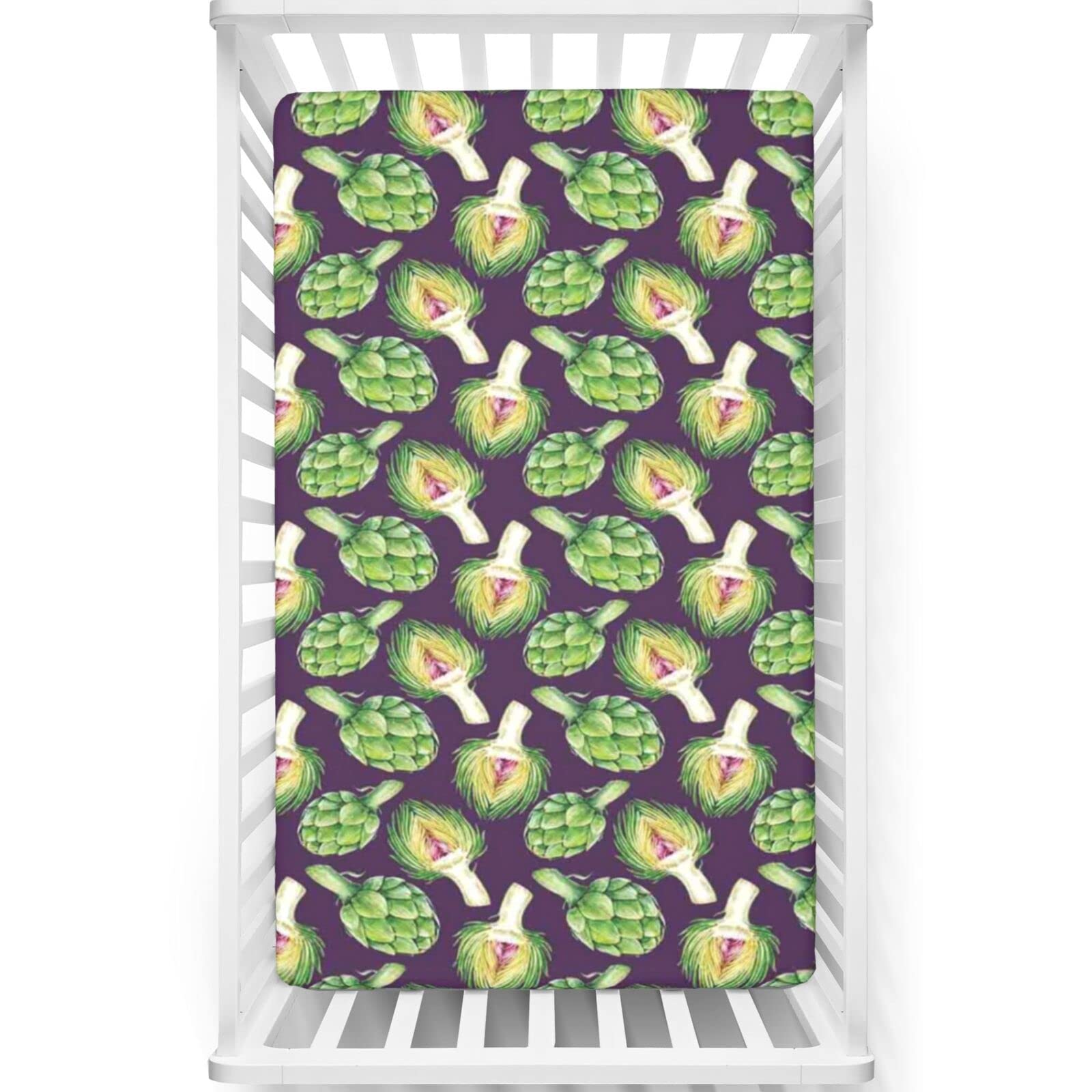 Vegetable Art Themed Fitted Mini Crib Sheets,Portable Mini Crib Sheets Soft Toddler Mattress Sheet Fitted-Baby Sheet for Boys Girls,24“ x38“,Fern Green Plum