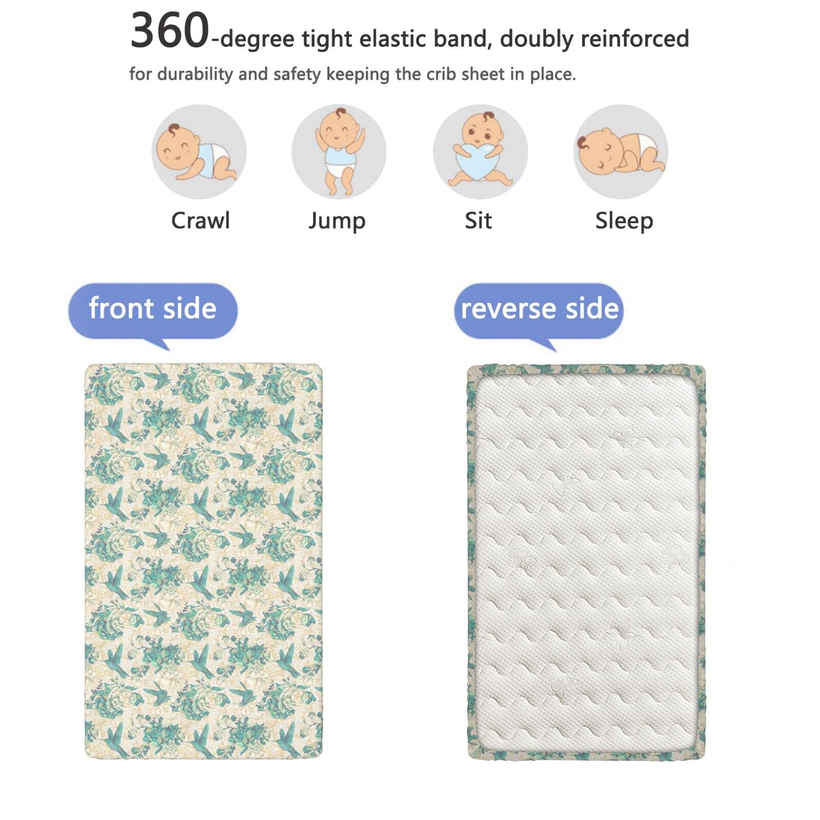 Vintage Rose Themed Fitted Mini Crib Sheets,Portable Mini Crib Sheets Soft Toddler Mattress Sheet Fitted-Baby Sheet for Boys Girls,24“ x38“,Mint Green Beige Pale Eggplant Pale