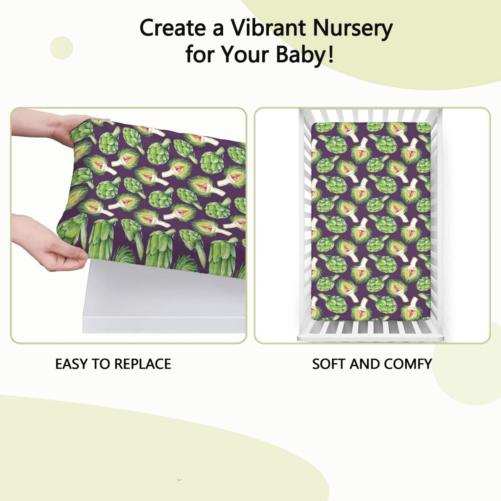 Vegetable Art Themed Fitted Mini Crib Sheets,Portable Mini Crib Sheets Soft Toddler Mattress Sheet Fitted-Baby Sheet for Boys Girls,24“ x38“,Fern Green Plum